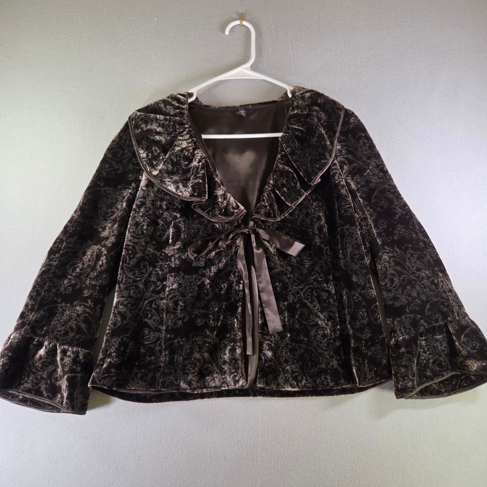 Tahari Brown Silk Blend Velvet Paisley Jacket Ruffle Victorian Poetcore Large